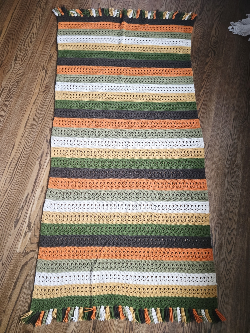 Handmade Striped Crochet Throw Blanket in Orange, Green, Brown & Cream 76" x 39"